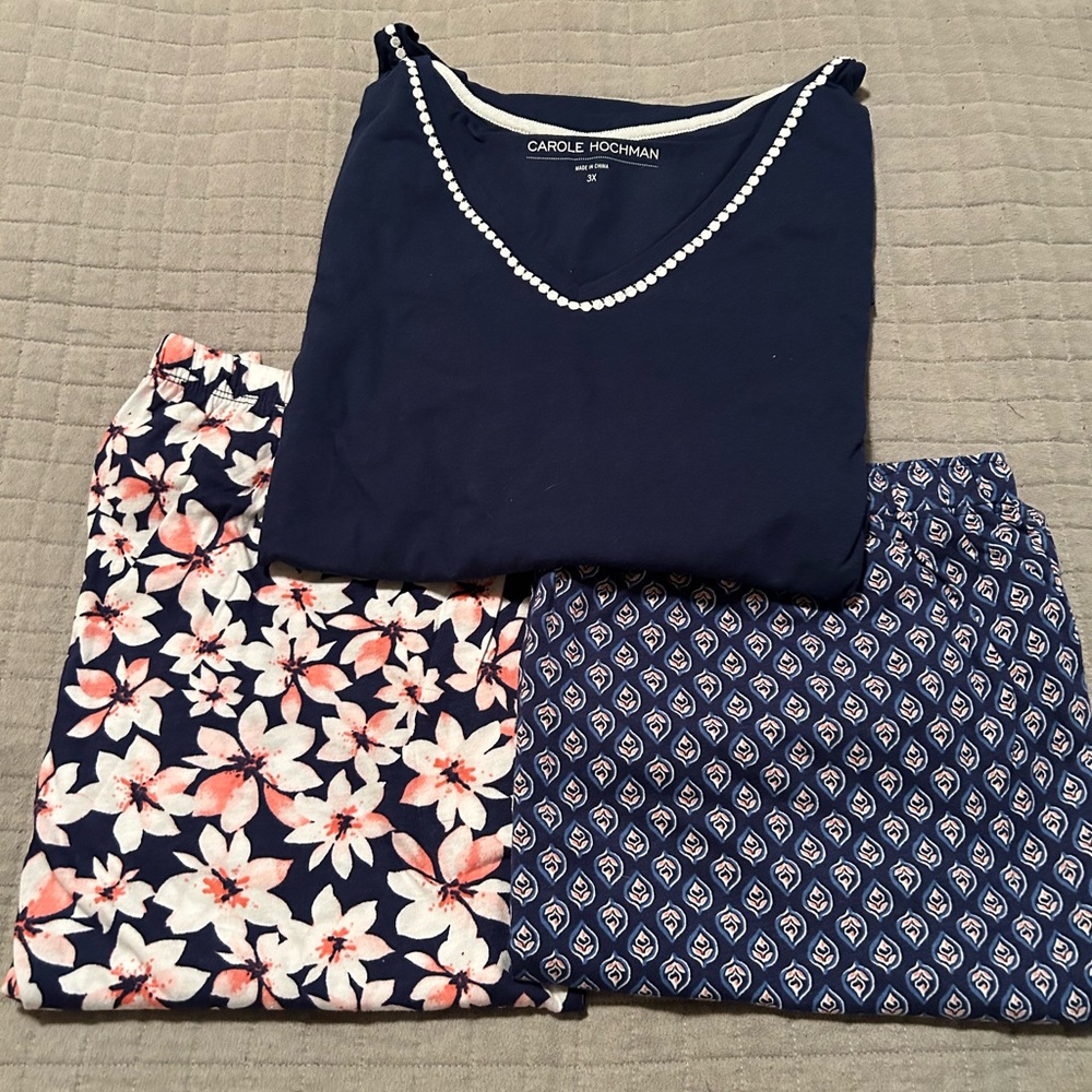 Midnight by Carole Hochman Navy and White 3 Piece Pajama Set NWT